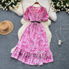 Summer Pleated Women Buttons Dresses Casual Beach Holiday Short Sleeve V Neck Woman Midi Dress Bohemian Mujer Vestidos