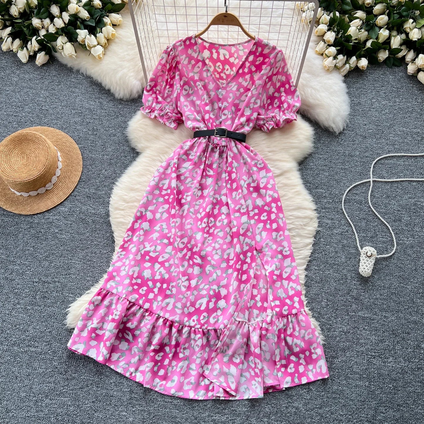 Summer Pleated Women Buttons Dresses Casual Beach Holiday Short Sleeve V Neck Woman Midi Dress Bohemian Mujer Vestidos