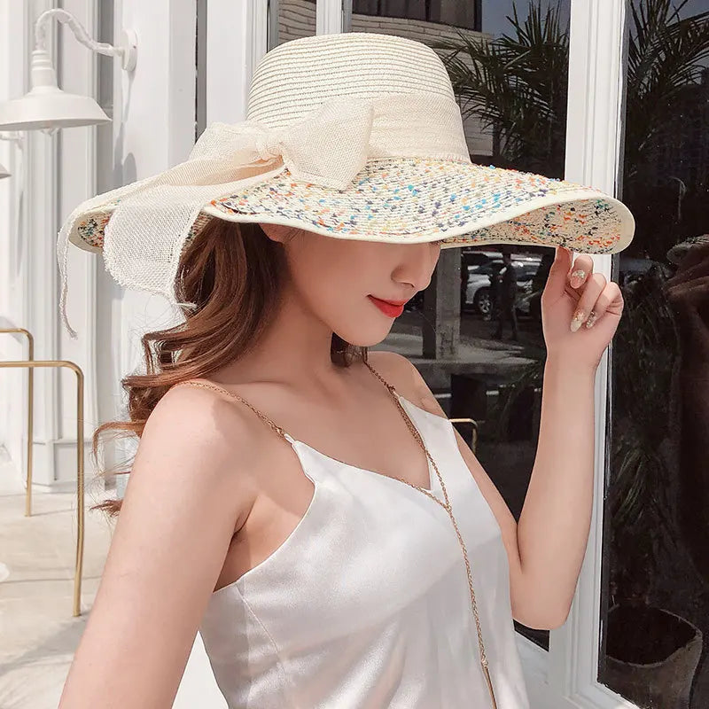 Summer straw hat beach Korean style seaside large brim outdoor sun protection sun hat vacation foldable straw hat  여름모자  모자
