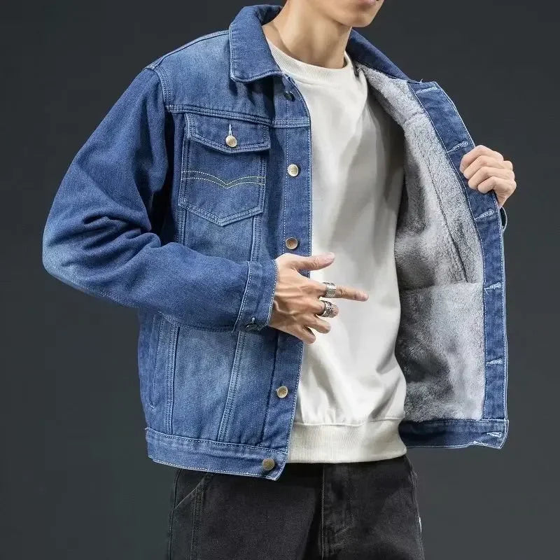 Thickened Fleece-Lined Denim Jacket Men's Loose Fit Warm Work Clothes Trendy Korean Style Versatile Plus Size Casual Wear