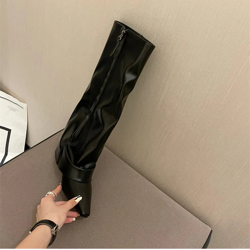 Designer Women Trouser Legs High Boots Fashion Side Zippers Long Boots Thick High Heels Autumn Winter Ladies Shoes