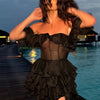 Chic Off-Shoulder Flounce Mesh Dress Woman Transparent Solid Color Layered Short Dresses Sexy Beach Vacation Women's Mini Dress