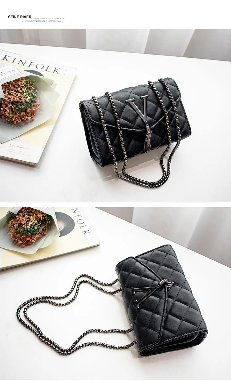 Black Luxury Handbags And Purse Women PU Leather Messenger Shoulder Bag Plaid Female Crossbody Bag Tassel Quilted  Brand