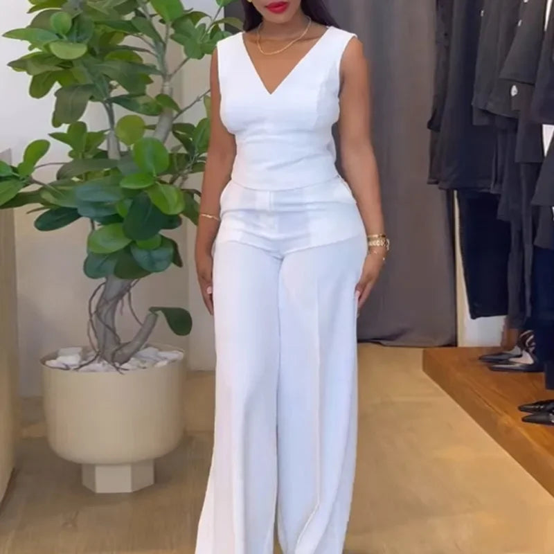 Two Piece Sets Women Pant Set Sleeveless V Neck Casual Pants Y2k Tops Wide Leg Long Pants High Waist Elegant Party Streetwear