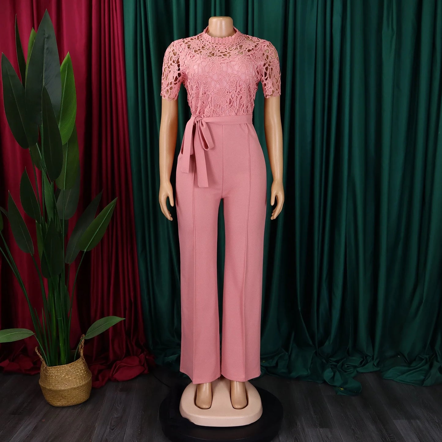 Elegant Jumpsuits & Rompers for Women O Neck Lace Patchwork Short Sleeve Sashes High Waisted Luxury Birthday Party Dinner Outfit