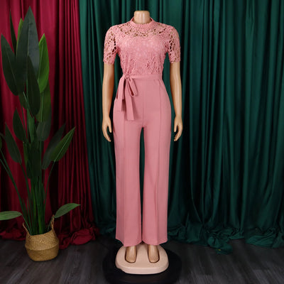 Elegant Jumpsuits & Rompers for Women O Neck Lace Patchwork Short Sleeve Sashes High Waisted Luxury Birthday Party Dinner Outfit