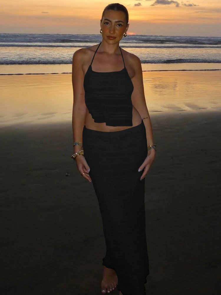 Weird Puss Mesh Backless 2 Piece Set Women Halter Lace-Up See Through Crop Tops+Loose Elegant Long Skirts Vacation Trend Outfits