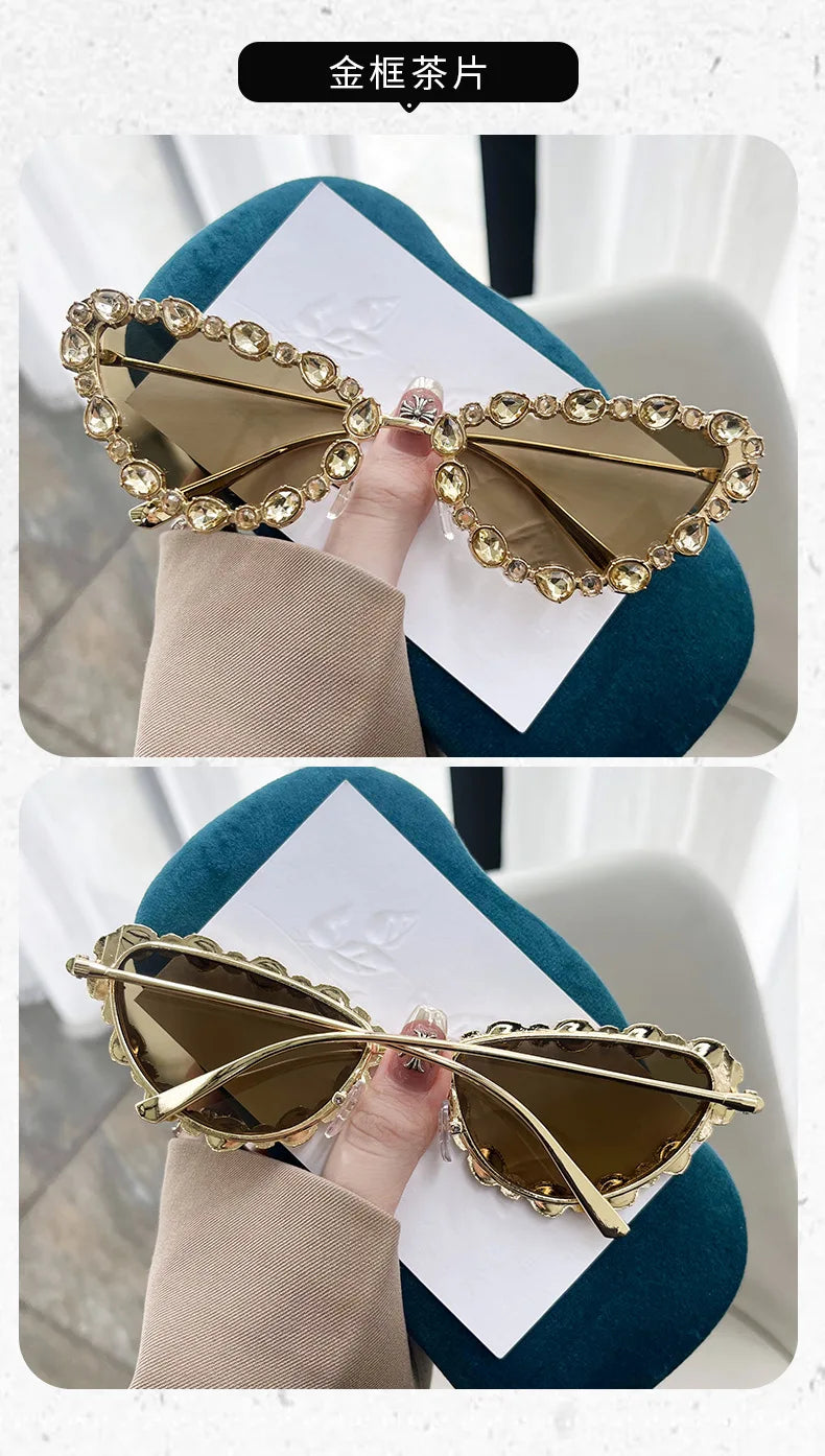 KLASSNUM Luxury Woman Sunglasses Cat-eye Rhinestone Sunglasses 2024 Trendy Party Eyepiece Glitter Metal Frame Color Lens Shades