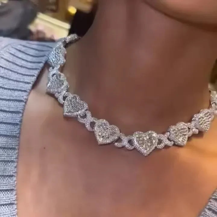 2025 Iced Out Bling Full Paved 5A Cubic Zirconia CZ Heart Charm Infinity Chain Choker Necklace Jewelry For Women Men