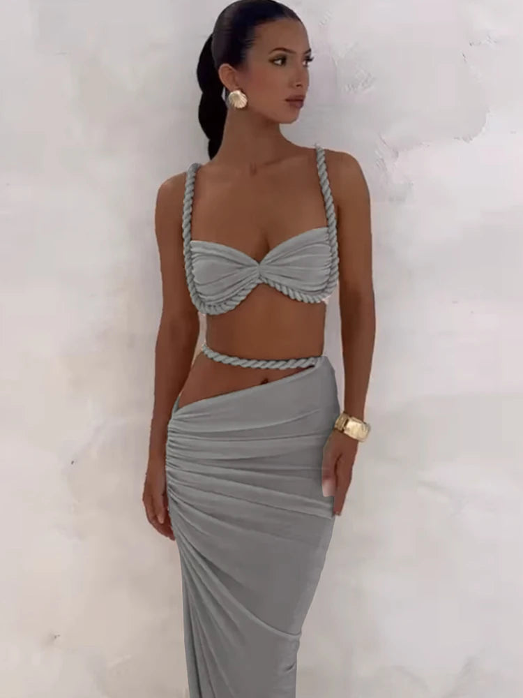 Nibber Sexy Women 2 Piece Set Bandage Ruched Square Collar Bra+Skinny Long Skirts 2025 Summer Vacation Beach Party Trend Suits
