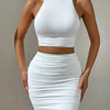 Women White Sexy Halter Neck Sleeveless Backless Two Piece Set Strapless Pleated Slim Bodycon Evening Dresses