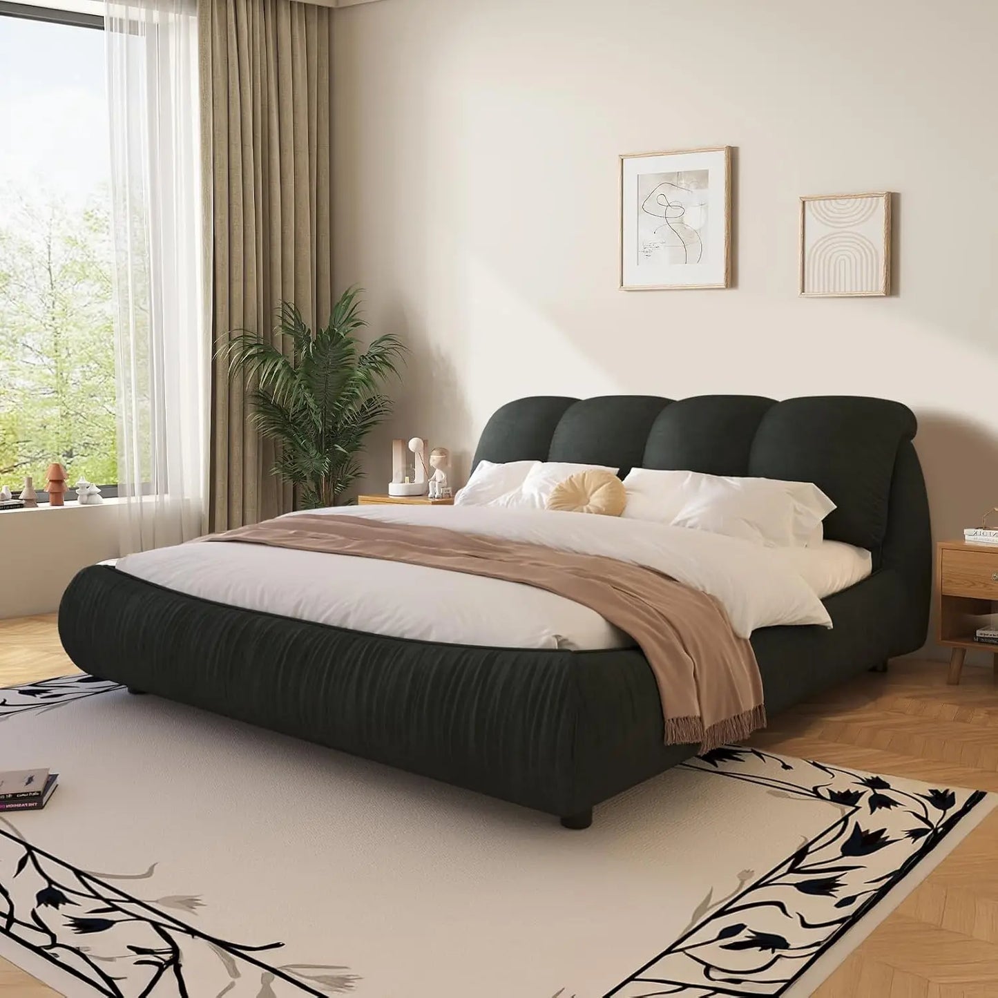 King Size Upholstered Platform Bed with Oversized Padded Backrest Headboard, Luxury Soft Cloud Bed Frame for Bedroom