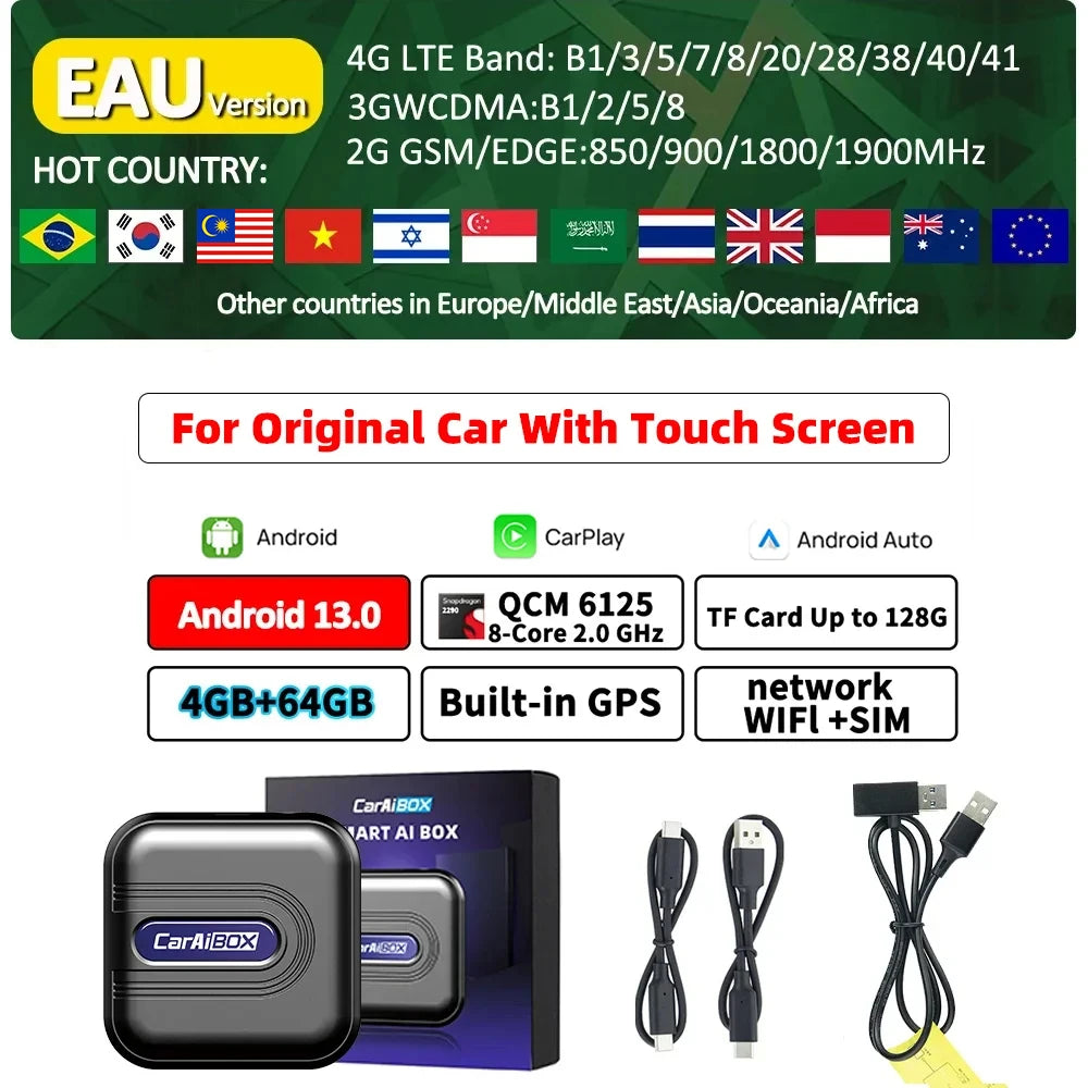 CarAiBOX CarPlay Ai Box Qualcomm 6125 8-Core CPU Android 13.0 System Wireless CarPlay Android auto Built-in Google Play Store