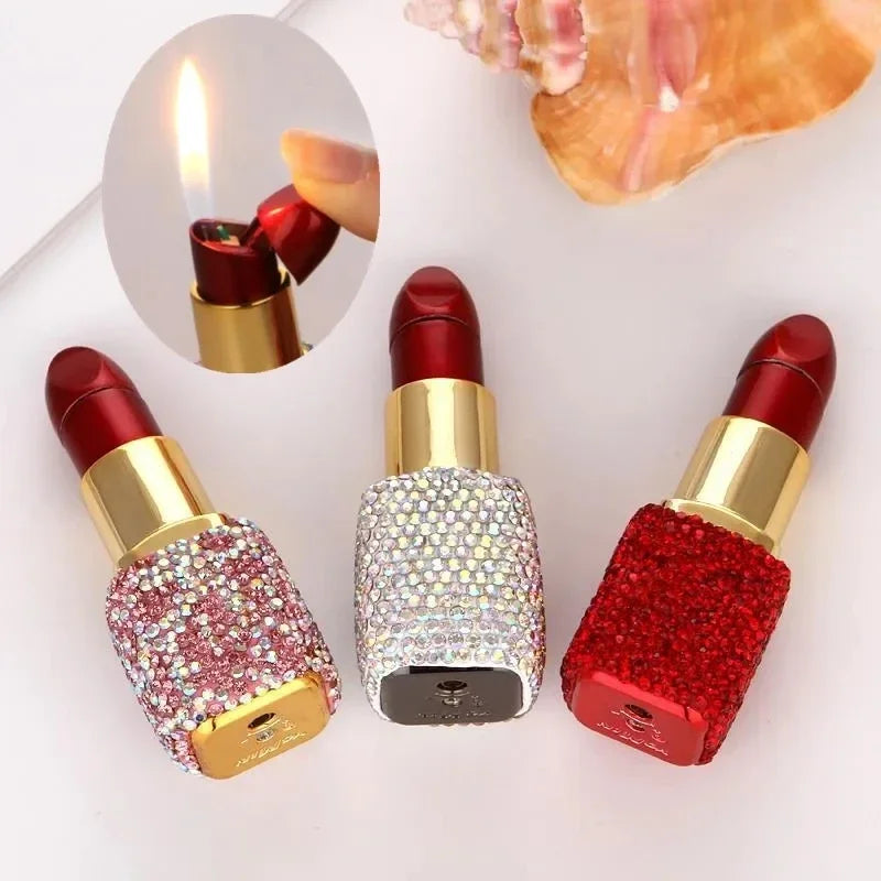 Luxury Diamond Lipstick Inflatable Lighter Mini Butane Pink Water Diamond Portable Lighter High End Women's Smoking Gift
