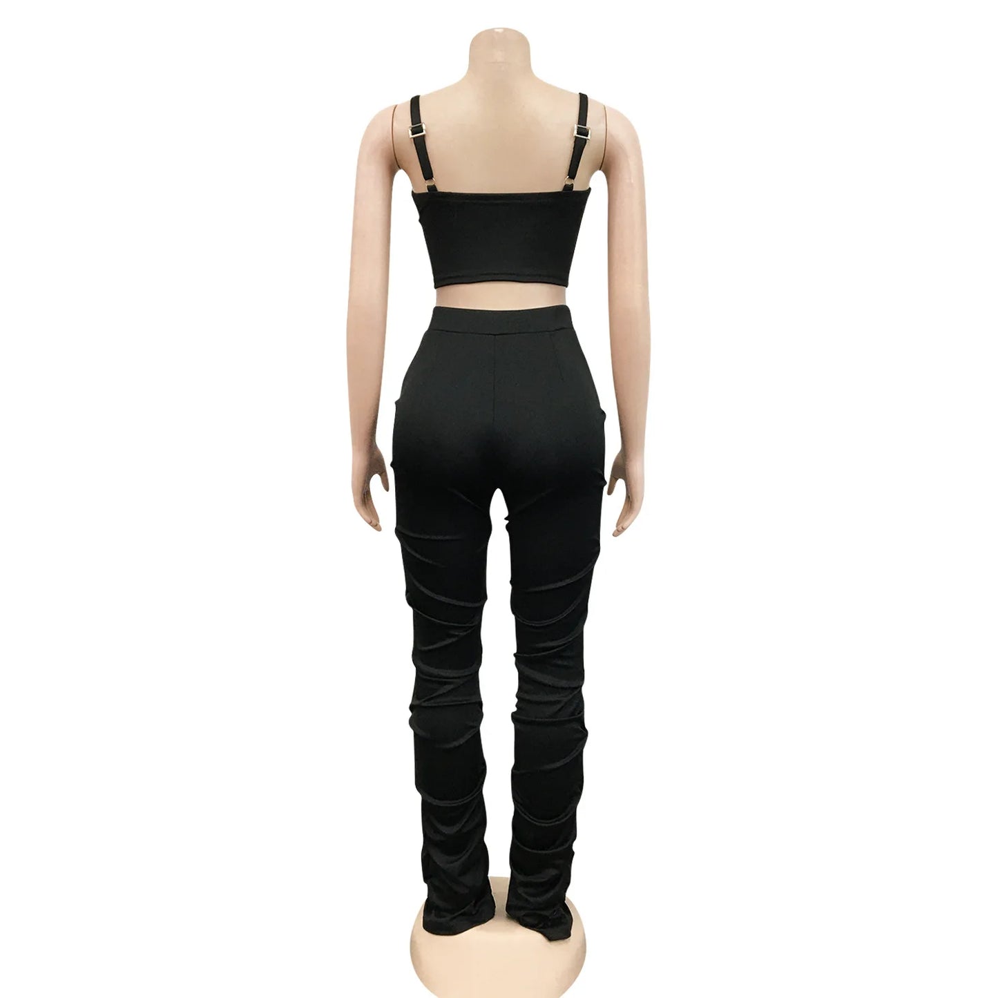 Sexy Solid Color Women's 2-Piece Slim Fit Open Back Zipper Tank Top+High Waist Trouser Set Amazing Bust Wrapping Street Clothing