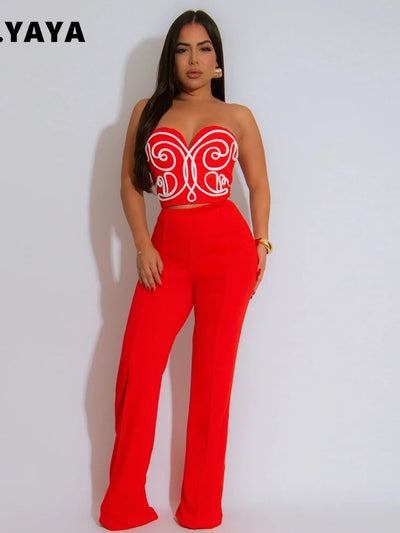 CM.YAYA Sexy Party Women's Set Striped Splicing Strapless Crop Top and Wide Leg Pants 2025 Two 2 Piece Sets Outfit Tracksuits