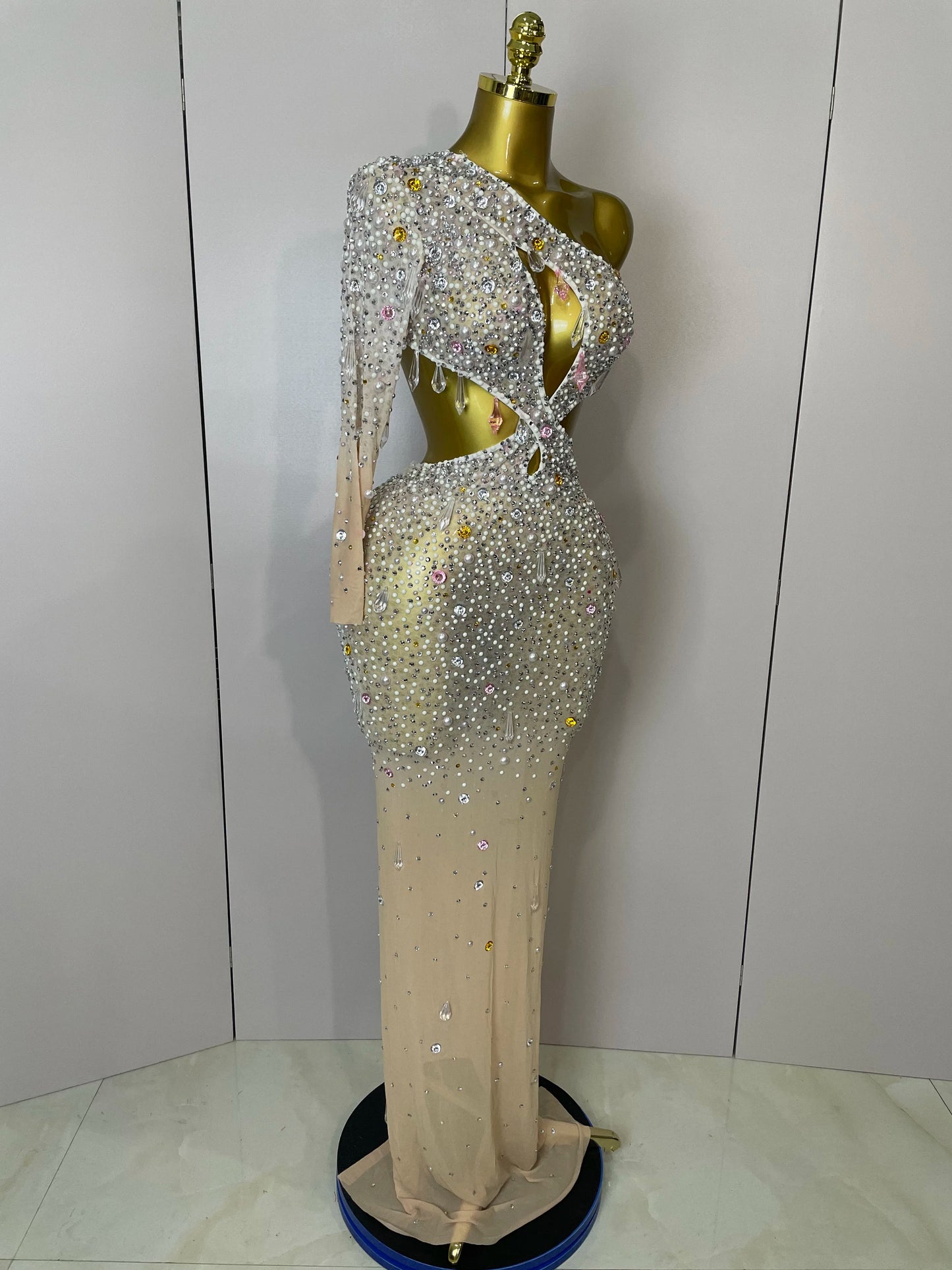 Stock 2025 Women Sexy One Shoulder Hollow Out Big Crystal Bodycon Long Dress Celebrate Nightclub Party Bar Singer Birthday Dress