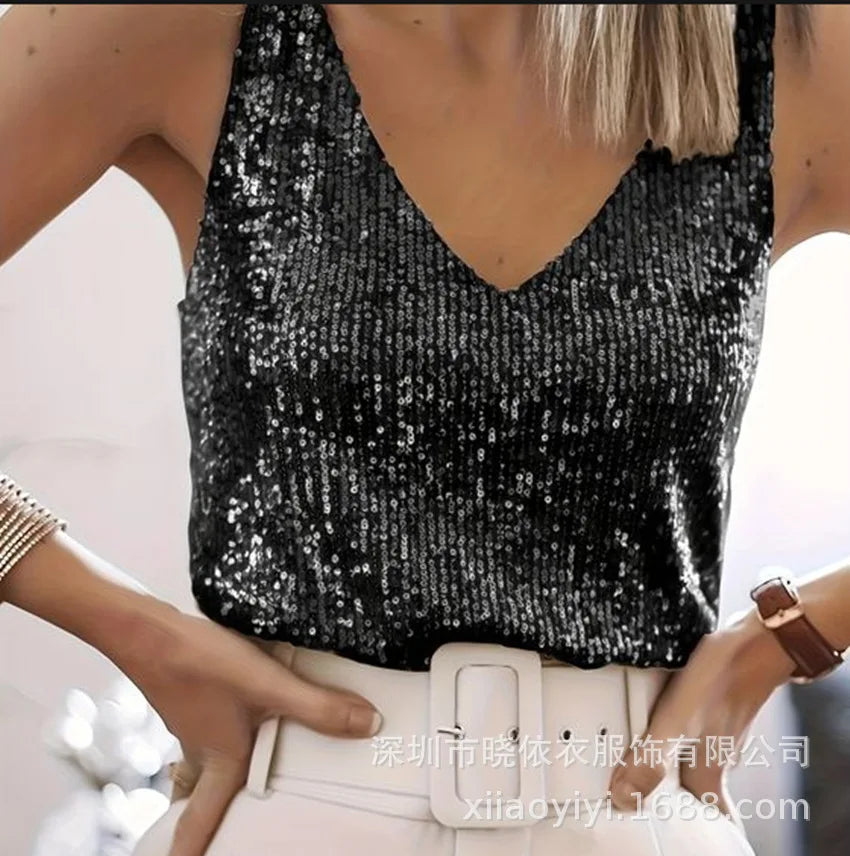 Women's Summer New Item Solid Color Fashion Sequin Light Mature Sexy V-neck Sleeveless Camisole Vest Pullover Top