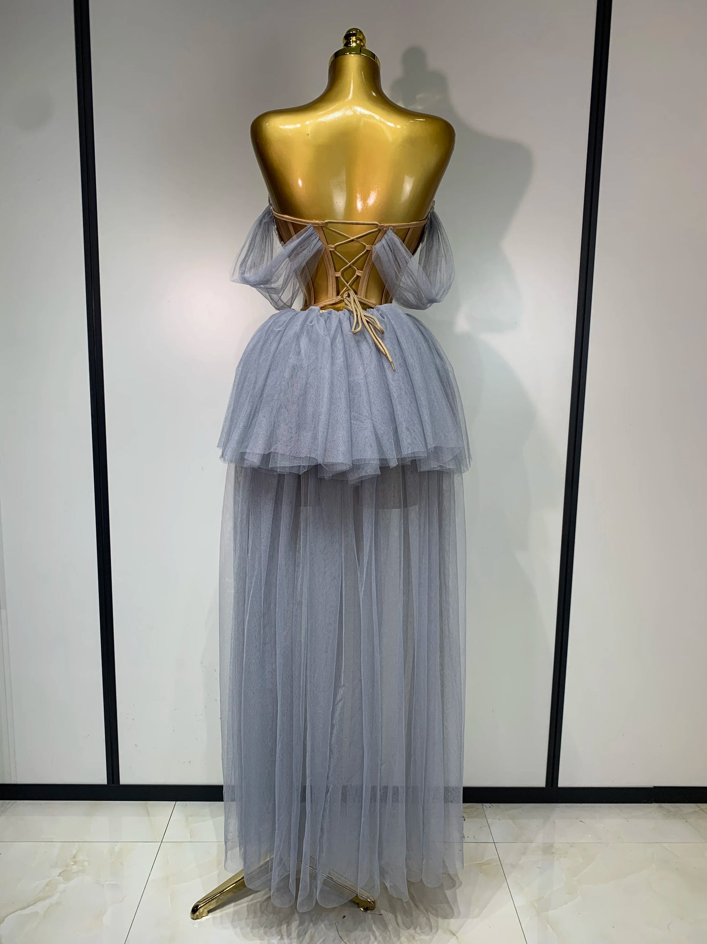 Women Sexy Strapless Pink Mesh Two Pieces Set Prom Gown Celebrate Birthday Nightclub Party Singer Stage Performance Costume