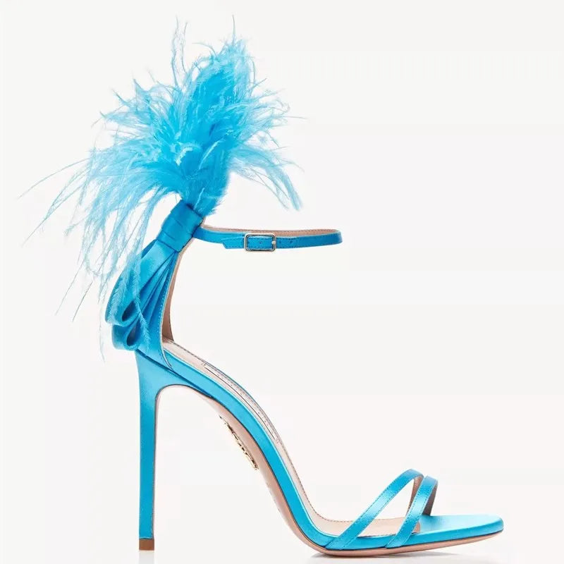 Summer new feather flower silk ribbon sexy open-toe sandals thin high-heeled banquet dress fashionable large-size women's shoes