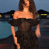 Chic Off-Shoulder Flounce Mesh Dress Woman Transparent Solid Color Layered Short Dresses Sexy Beach Vacation Women's Mini Dress