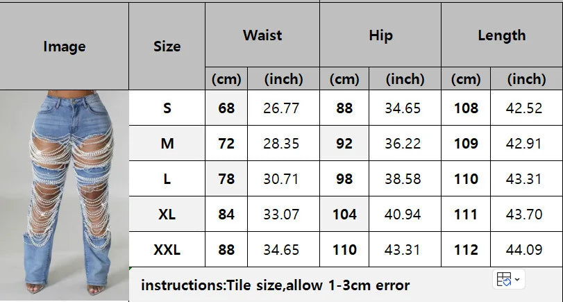 Women's Destroyed Ripped Hole Denim Pants Pearl Rhinestones Chain Distressed Slim Fit Skinny Jeans Y2K Night Club Party Jeans