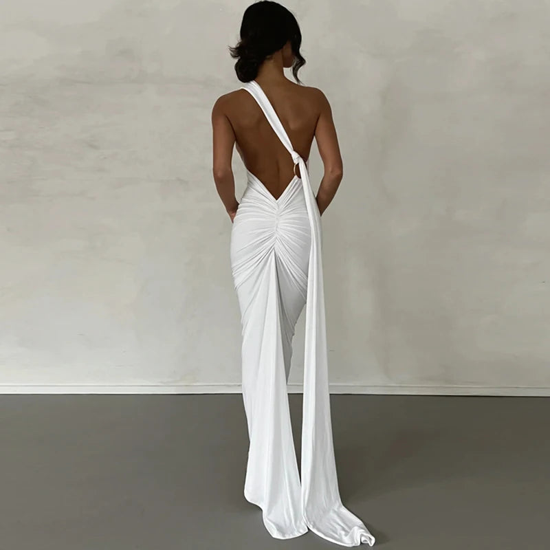 Hugcitar One Shoulder Backless Adjustable Scarf Loop Ruched Sexy Maxi Dress Women Elegant Y2K Streetwear Festival Outfit