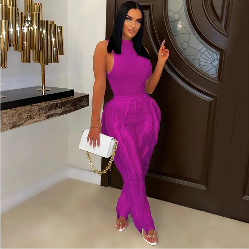 Solid Tank Pants Tassel Two Piece Sets Women Fashion Sleeveless Bodysuits Top Drawstring High Waist Fringed Wide Leg Trousers
