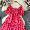 2024 New Summer Flower Print Long Dress Women Vintage Square Neck Ruched Chest Sash Bandage Sundress Party Vestidos