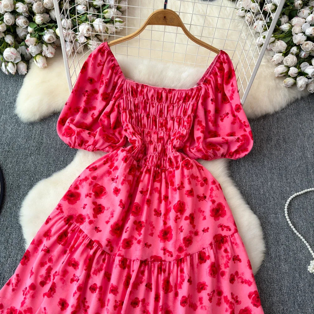 2024 New Summer Flower Print Long Dress Women Vintage Square Neck Ruched Chest Sash Bandage Sundress Party Vestidos