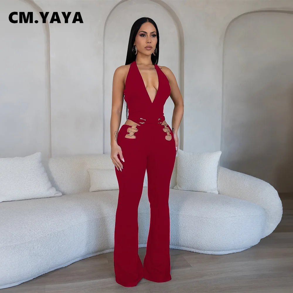 CM.YAYA Women V-Neck Backless Straight Sleeveless Flare Jumpsuits 2025 Summer Hollow Out Sexy One Piece Set Streetwear Outfits