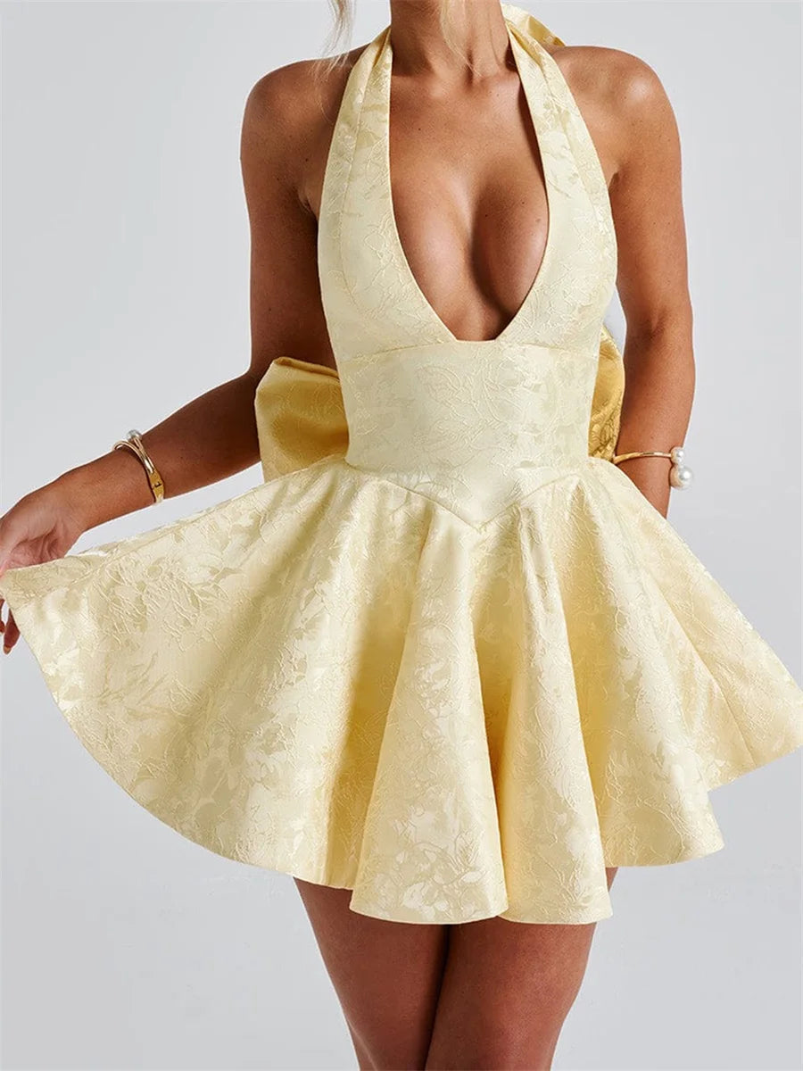 Women Halter Neck Short Dress Summer Jacquard Big Bow Backless Bandage Elegant Evening Party Dresses for Cocktail Prom Wedding
