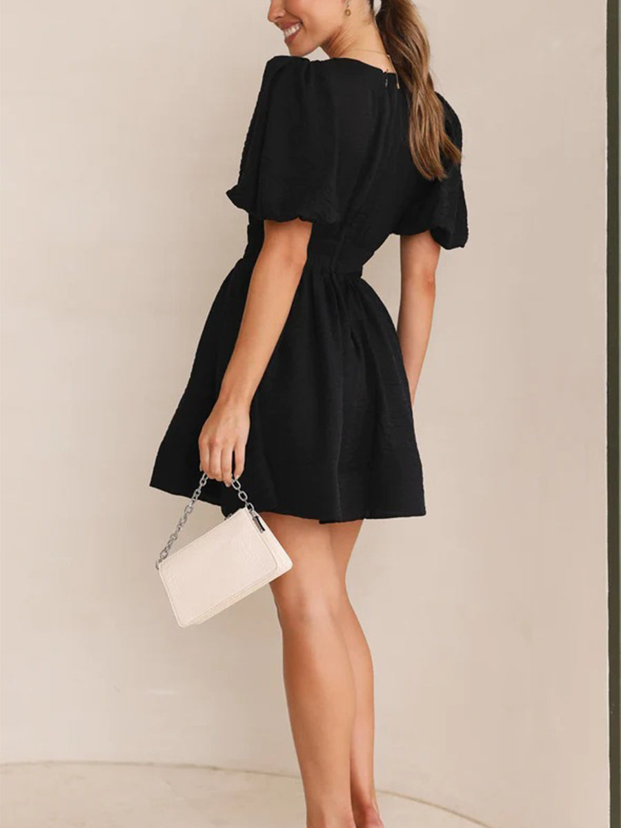 Women Summer Casual A-line Dress Solid Color Deep V-Neck Short Puff Sleeve Mini Dress Fashion Party Short Dress
