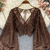 Autumn Black/White/Brown Sexy Lace Blouse Women Elegant V-Neck Puff Long Sleeve Open Back Short Tops Female Party Blusas 2021
