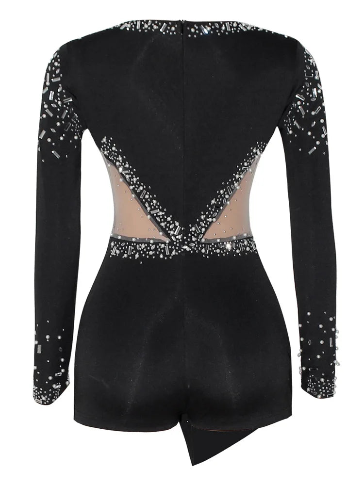 Women Sexy Rompers V-Neck Mesh Rhinestone Skinny Long Sleeve Playsuits