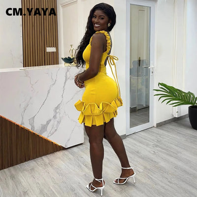 CM.YAYA Women Spaghetti Strap Sleeveless V-neck Mini Dress 2025 Summer Ruched Stacked Party Evening Night Club Chic Dresses