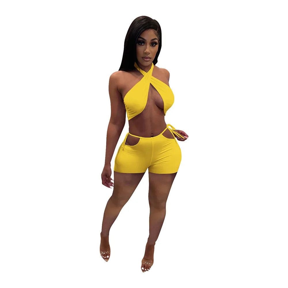 Two Piece Sets for Women Ruched Bandage Criss Cross Solid Women 2024 Spring Backless Club Crop Top and Shorts Matching Set