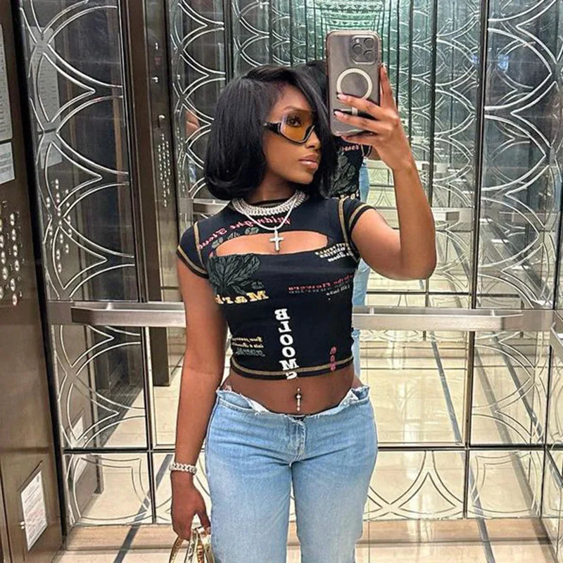 Hollow Out Crop Top Women O-Neck Aesthetic Clothes Letter Printed Y2k Accessories Short Sleeve Roupas Femininas Estilosas Summer