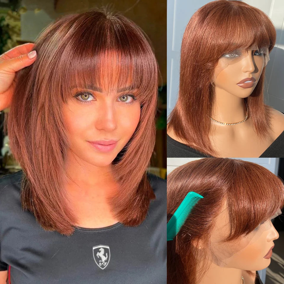 Short Straight Bob Lace Front Wig With Bangs Brazilian Human Hair Bob Wigs For Women Brazilian Remy Hair Easy Part Lace Bob Wig