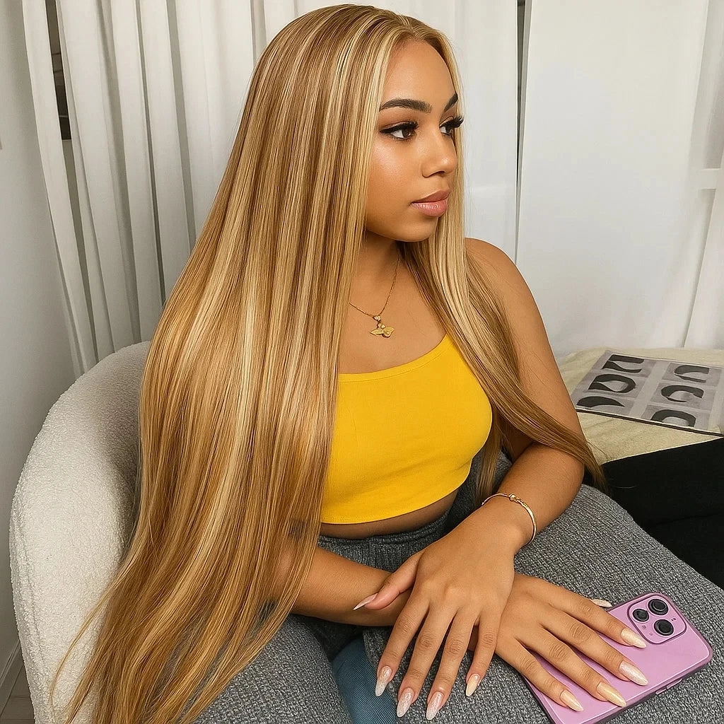 P4/27 Highlight Bone Straight 13x4 HD Lace Frontal Wigs Human Hair Brazilian Ombre Honey Blonde Colored Human Hair Wig For Women