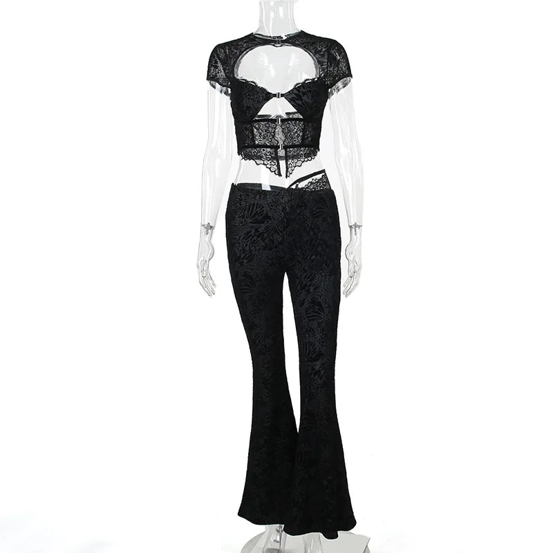 FAGADOER Sexy Lace See Through 2 Piece Sets Woman Outfit Hollow Out Crop Top + Flare Pants Female Y2K Streetwear Summer Spring