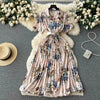 2024 Summer Women Floral Pleated Dress Vintage Turn-Down Collar Short Sleeve Single Breasted Printed Draped Midi Vestidos New
