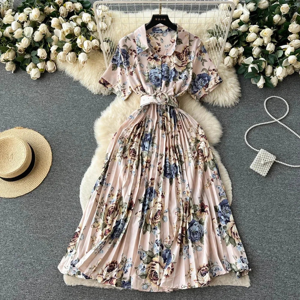 2024 Summer Women Floral Pleated Dress Vintage Turn-Down Collar Short Sleeve Single Breasted Printed Draped Midi Vestidos New