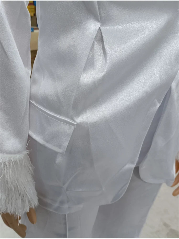 Wmstar Two Piece Set Women Turn Down Collar Feathers Patchwork Top and Pants Suit Matching Fall Clothes Wholesale Dropshpping