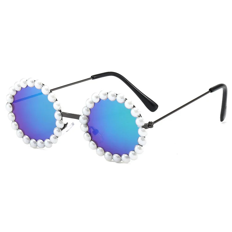 New Children's Circle Form Sunglasses Girl Decorative Pearl Frame Fashion Sun Glasses Cute Baby Outdoor Sunshade Eyewear UV400