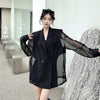 Fashion Hollow Out Mesh Patchwork Blazer for Women Y2K Korean Chic Net Long Sleeves Loose Black Coat Gothic Casual Suit Jacket