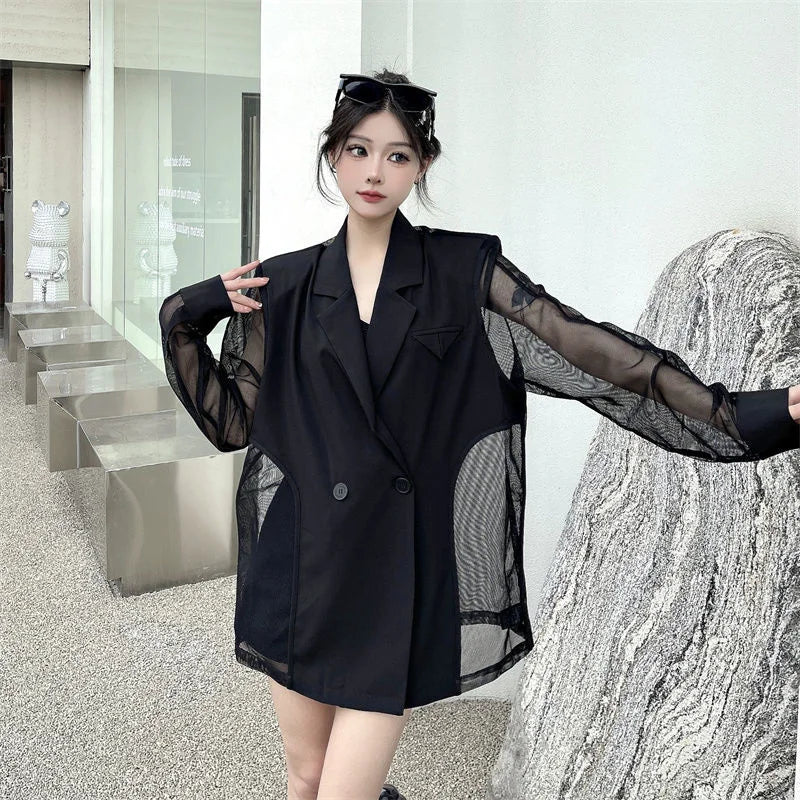 Fashion Hollow Out Mesh Patchwork Blazer for Women Y2K Korean Chic Net Long Sleeves Loose Black Coat Gothic Casual Suit Jacket