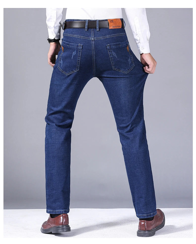 2024 New Business Men's Jeans Casual Straight Stretch Fashion Classic Blue Black Work Denim Trousers Male Brand Clothing