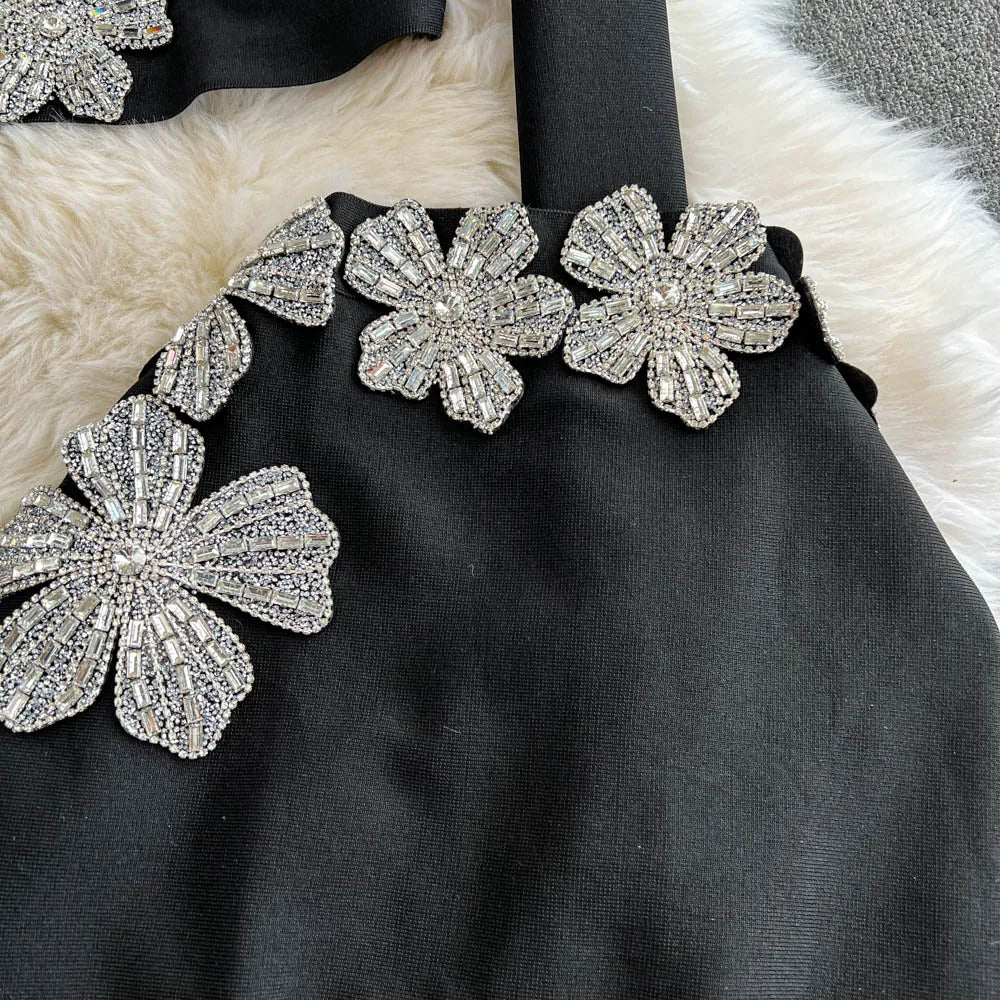 Faionable Diamond Embellied Wrap Skirt Set ort Top Long Dr Slimming High Collar Long Sve Zipper Two Piece Set