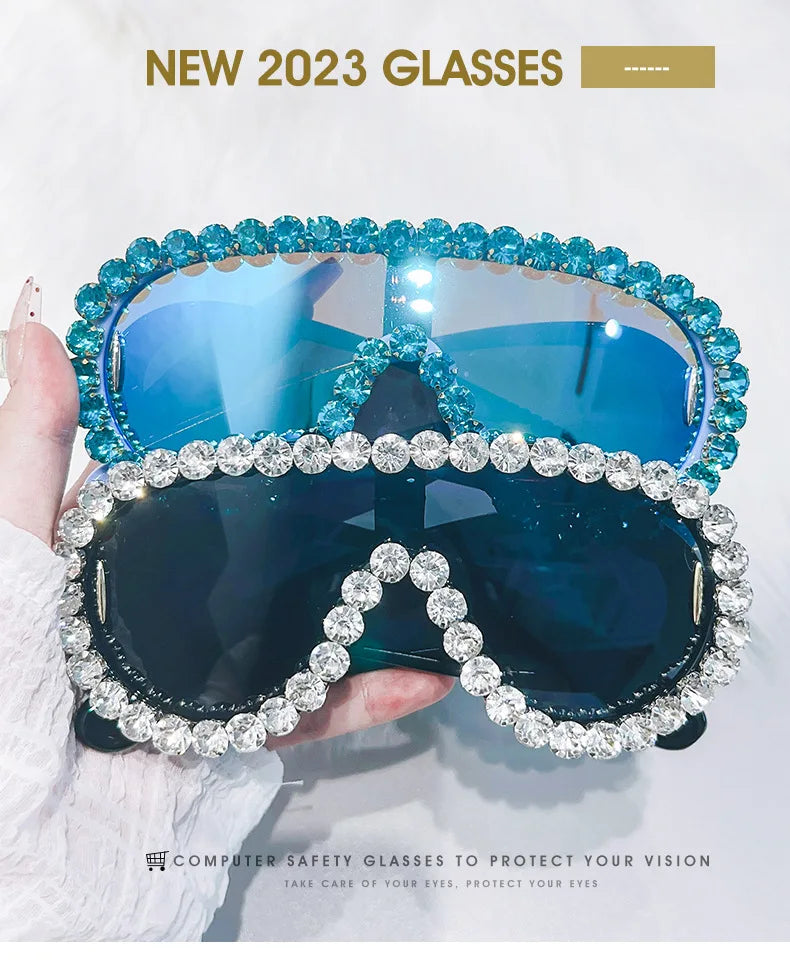Oversized Punk Rhinestones Sunglasses Women 2024 Luxury Brand One-Piece Y2K Sports Sun Glasses for Lady Steampunk Eyewear UV400